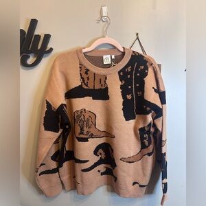 Western-Inspired Crewneck Sweater - Tan and Black